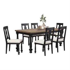 Ginie 7pc Dining Table Set- 6 Chairs- Farmhouse Legs- Black Rubberwood