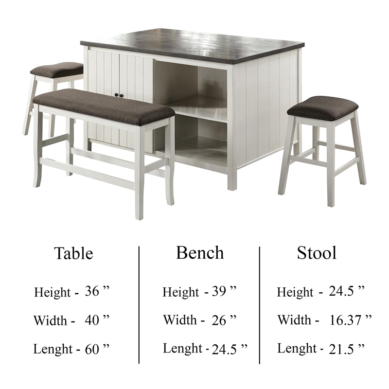 Begr 4pc Counter Height Kitchen Island Table- Bench- Stool Set- White