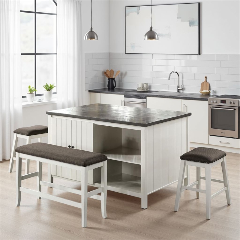 Begr 4pc Counter Height Kitchen Island Table- Bench- Stool Set- White