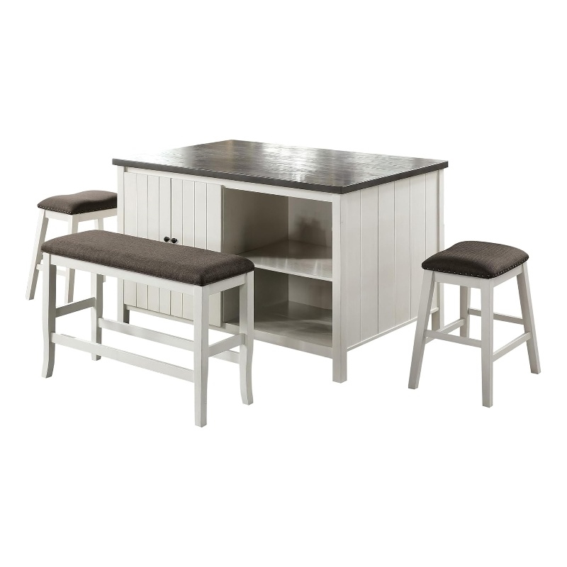 Begr 4pc Counter Height Kitchen Island Table- Bench- Stool Set- White