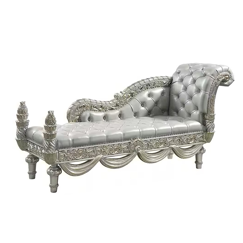 Dove Chaise Bench- Beige Faux Leather- Champagne Finished Wood 82 Inch