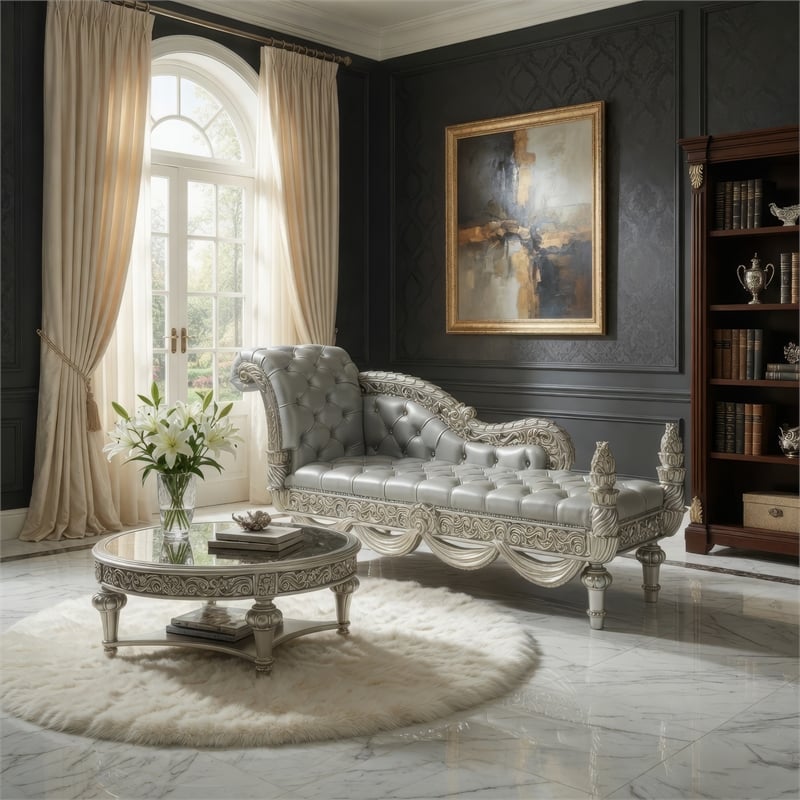 Dove Chaise Bench- Beige Faux Leather- Champagne Finished Wood 82 Inch