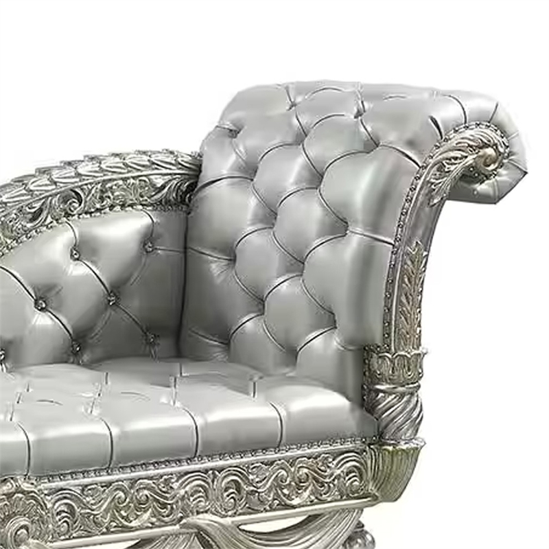 Dove Chaise Bench- Beige Faux Leather- Champagne Finished Wood 82 Inch