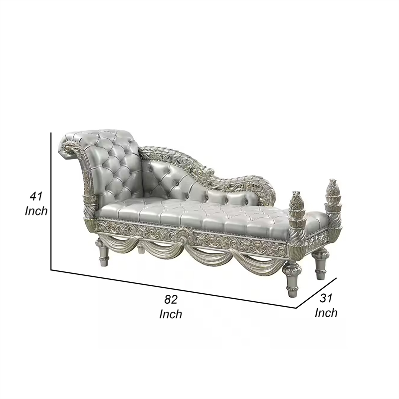 Dove Chaise Bench- Beige Faux Leather- Champagne Finished Wood 82 Inch