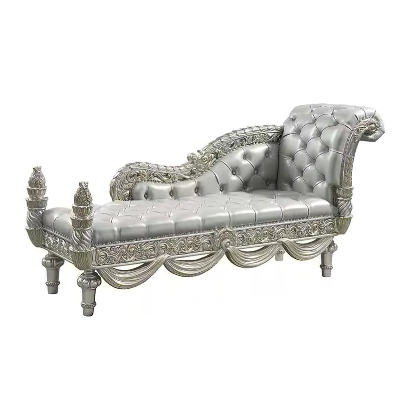Dove Chaise Bench- Beige Faux Leather- Champagne Finished Wood 82 Inch