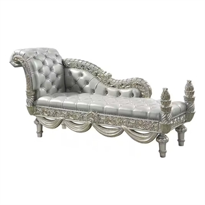 Dove Chaise Bench- Beige Faux Leather- Champagne Finished Wood 82 Inch