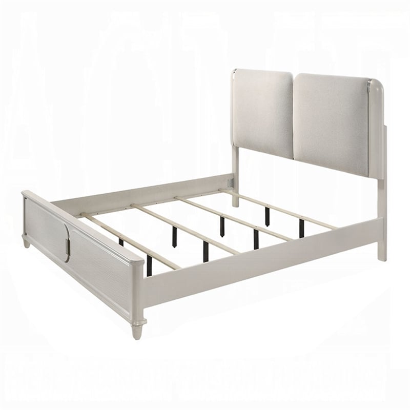 Veda King Size Bed with LED- Pearl White- Gray Boucle Upholstered