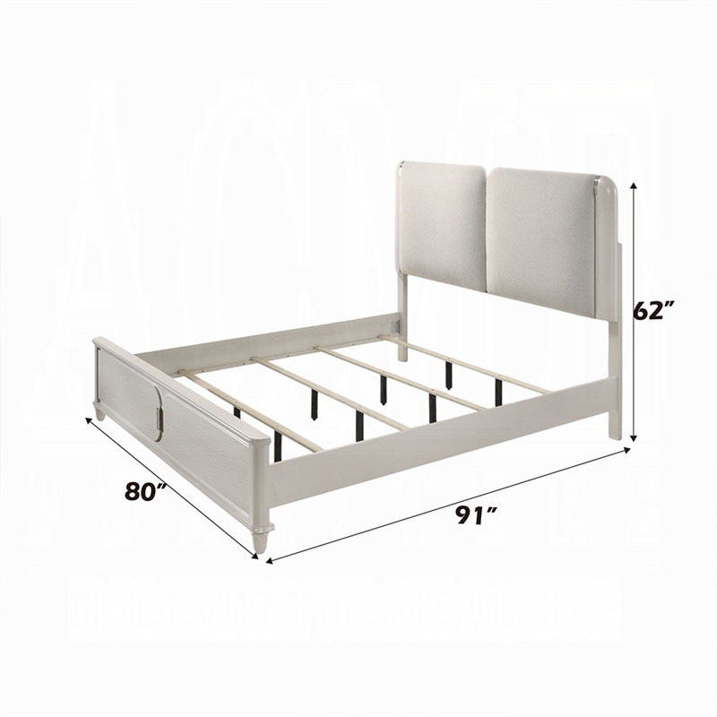 Veda King Size Bed with LED- Pearl White- Gray Boucle Upholstered