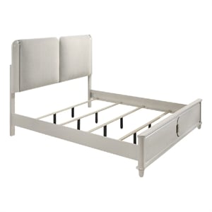 Veda Queen Size Bed with LED- Pearl White- Gray Boucle Upholstered