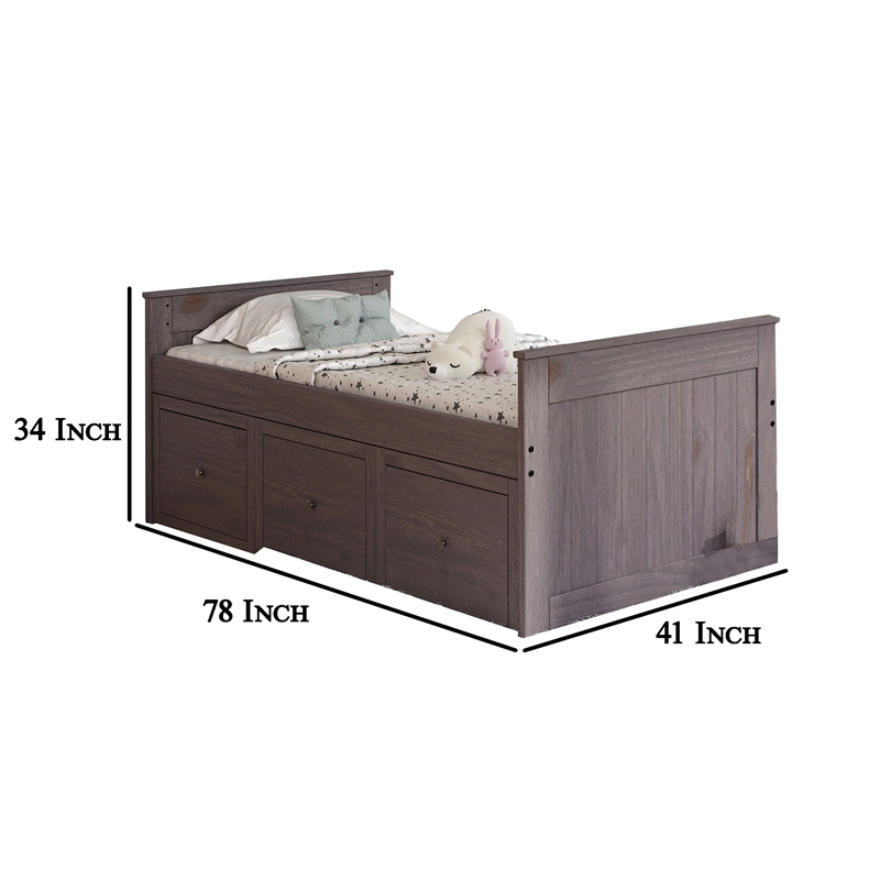 Mari Twin Captain Bed with Drawers- Rustic- Brazilian Pine- Wood- Gray