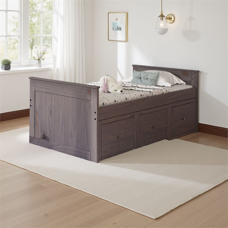 Mari Twin Captain Bed with Drawers- Rustic- Brazilian Pine- Wood- Gray