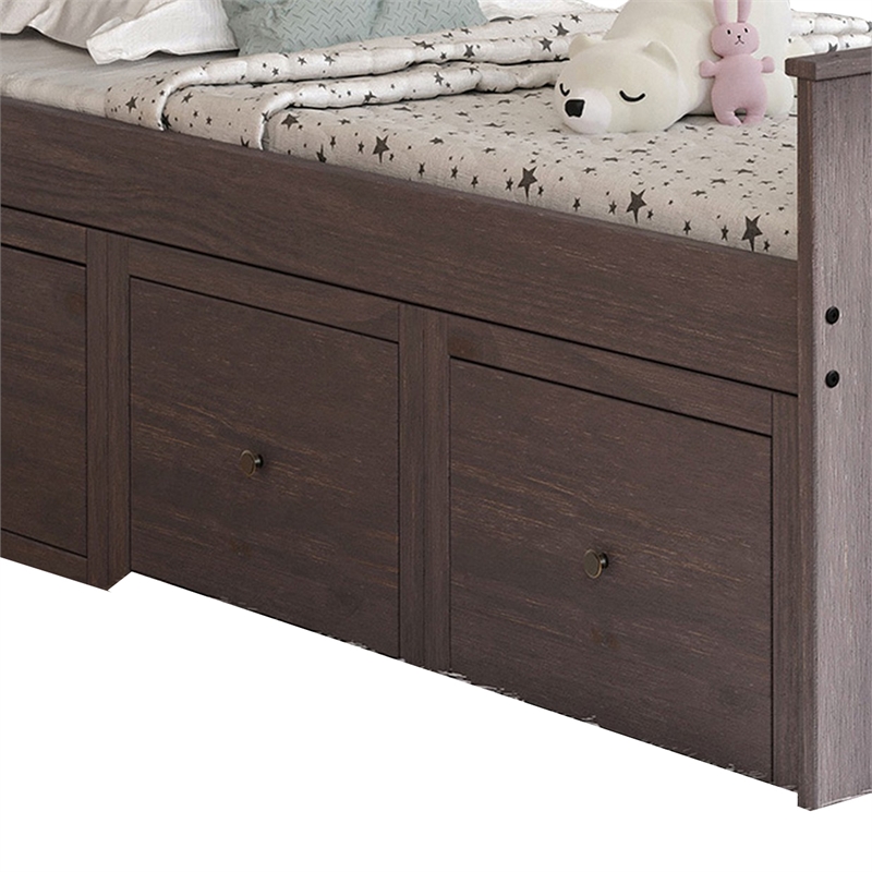 Mari Twin Captain Bed with Drawers- Rustic- Brazilian Pine- Wood- Gray