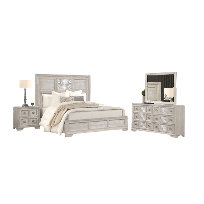 Diaz 4pc Queen Size Bedroom Set- Dresser Mirror- Sunburst Light Gray