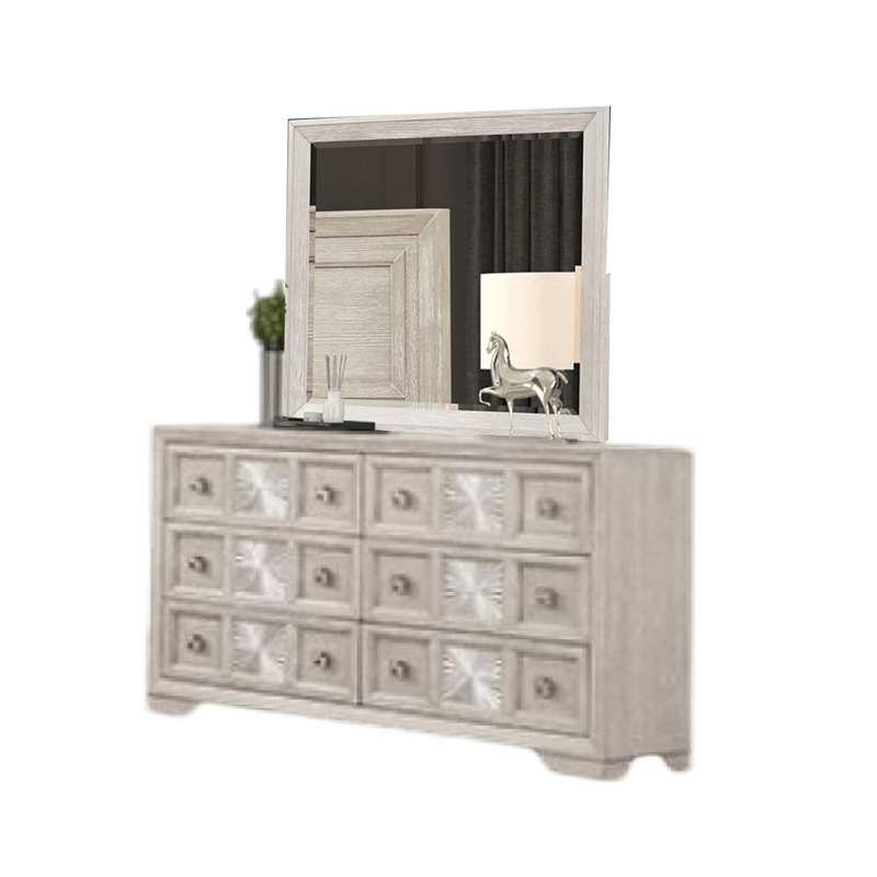 Diaz 4pc Queen Size Bedroom Set- Dresser Mirror- Sunburst Light Gray