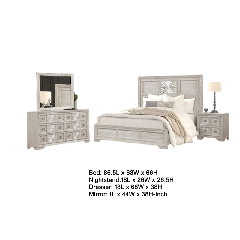 Diaz 4pc Queen Size Bedroom Set- Dresser Mirror- Sunburst Light Gray