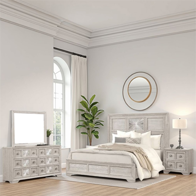 Diaz 4pc Queen Size Bedroom Set- Dresser Mirror- Sunburst Light Gray