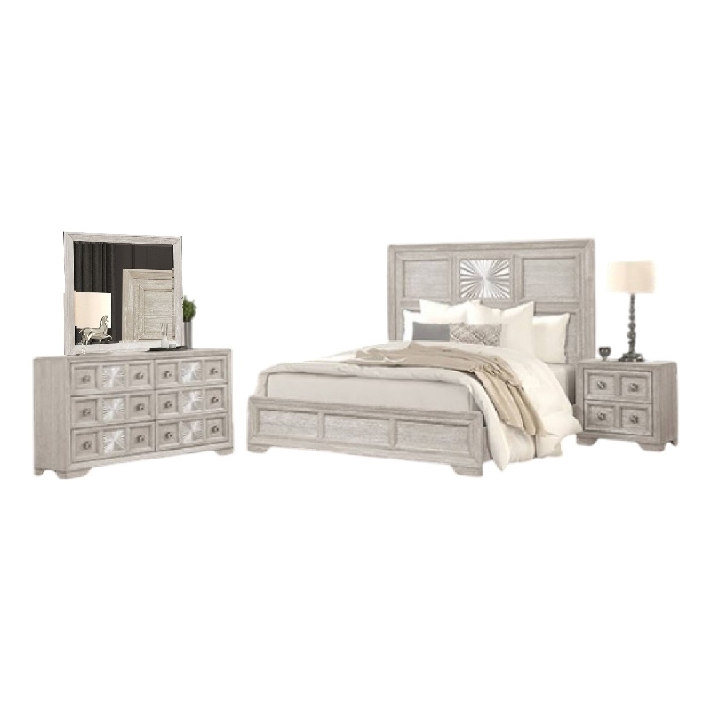 Diaz 4pc Queen Size Bedroom Set- Dresser Mirror- Sunburst Light Gray