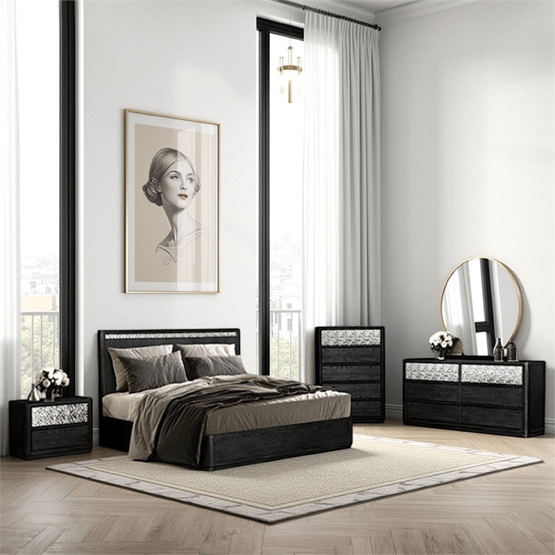 Zoko 5pc Queen Bedroom Set- USB Bedside Table- Mirror- Ash Gray Wood