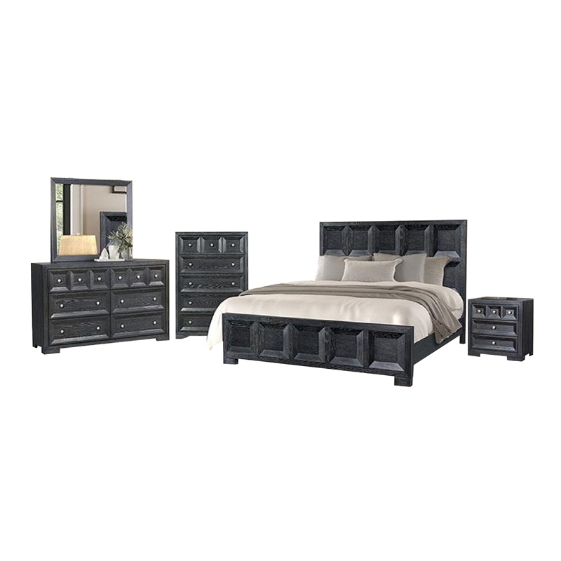 Kizie 5pc Queen Bedroom Set- Rustic Black- XL Nightstand Chest- Mirror