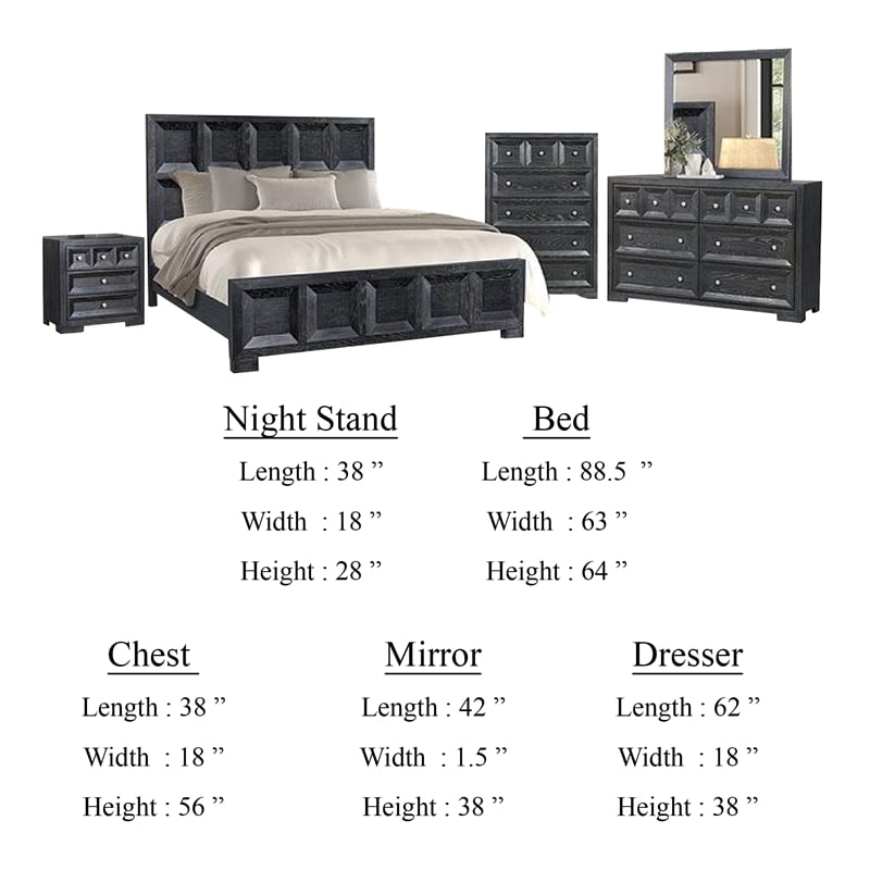 Kizie 5pc Queen Bedroom Set- Rustic Black- XL Nightstand Chest- Mirror