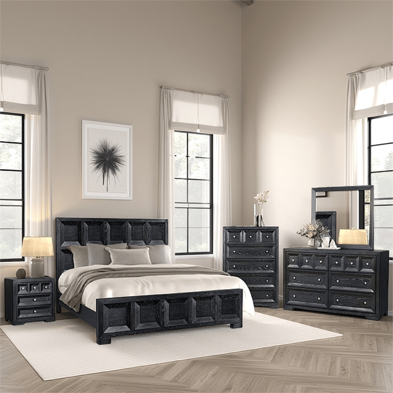 Kizie 5pc Queen Bedroom Set- Rustic Black- XL Nightstand Chest- Mirror