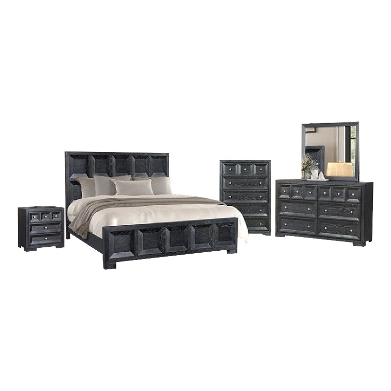 Kizie 5pc Queen Bedroom Set- Rustic Black- XL Nightstand Chest- Mirror
