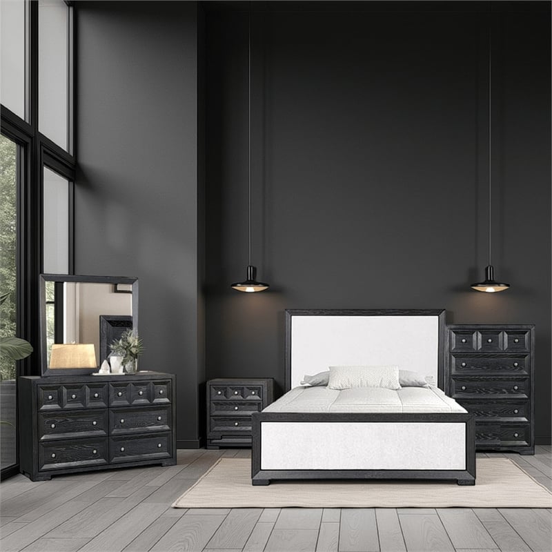 Kizie 5pc Queen Bedroom Set- Dresser Chest- Nightstand- Black n White
