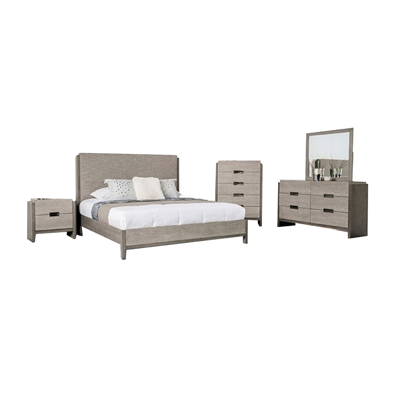 Rizvi 4pc Queen Bedroom Set- Beveled Mirror- Dresser- Gray Solid Wood