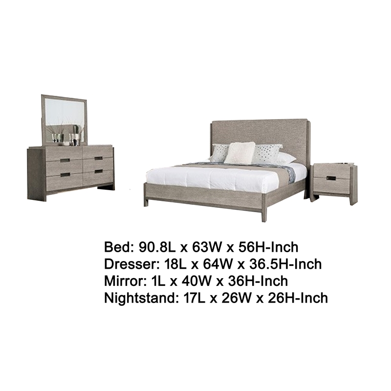 Rizvi 4pc Queen Bedroom Set- Beveled Mirror- Dresser- Gray Solid Wood