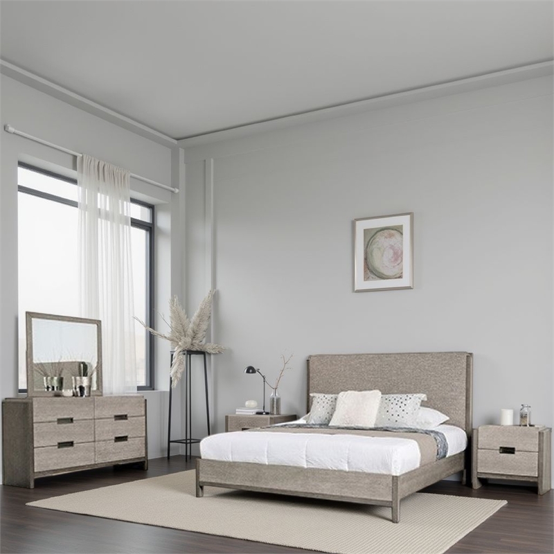 Rizvi 4pc Queen Bedroom Set- Beveled Mirror- Dresser- Gray Solid Wood