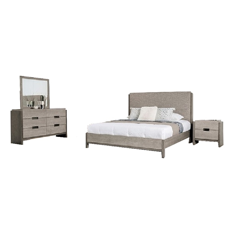 Rizvi 4pc Queen Bedroom Set- Beveled Mirror- Dresser- Gray Solid Wood