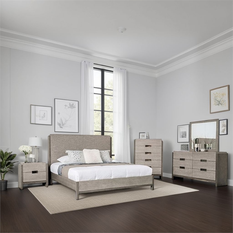 Rizvi 5pc Queen Bedroom Set- Nightstand and Chest- Gray Solid Wood