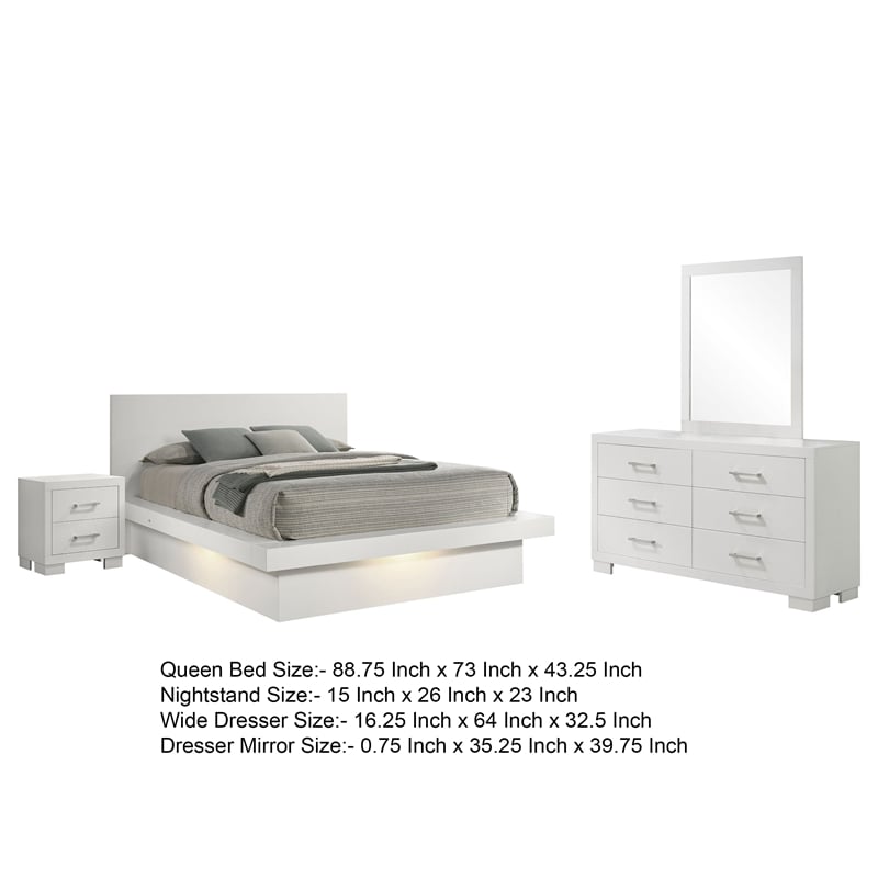 Bela 4 Piece Queen Bedroom Set- LED Lit Bedframe- Snow White Wood