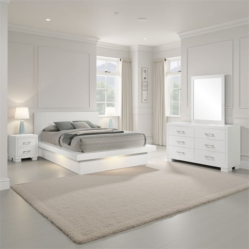 Bela 4 Piece Queen Bedroom Set- LED Lit Bedframe- Snow White Wood