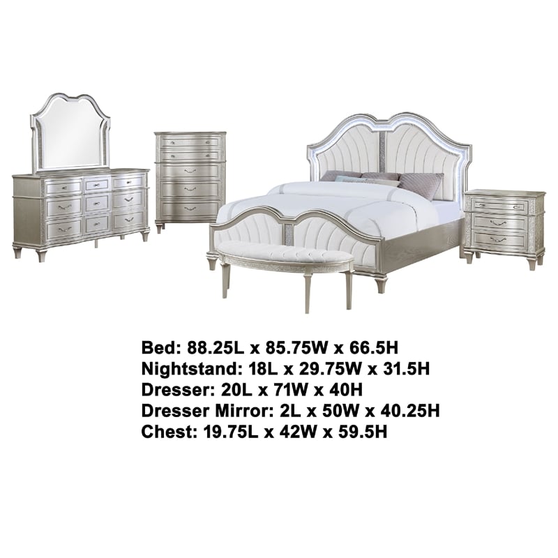 Nive 5pc King Bedroom Set- Silver- Ivory Channel Tufted Upholstery