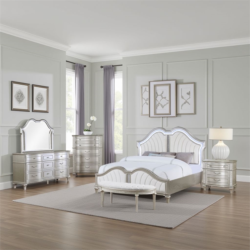 Nive 5pc King Bedroom Set- Silver- Ivory Channel Tufted Upholstery