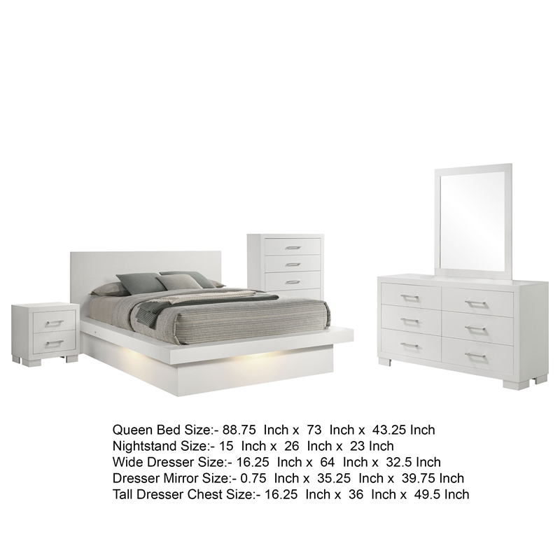 Bela 5 Piece Queen Bedroom Set- LED Lit Bedframe- Snow White Wood
