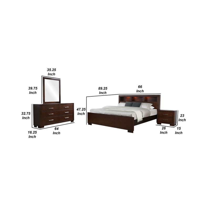 Bela 4 Piece Queen Bedroom Set- Bookcase Headboard- Dark Brown
