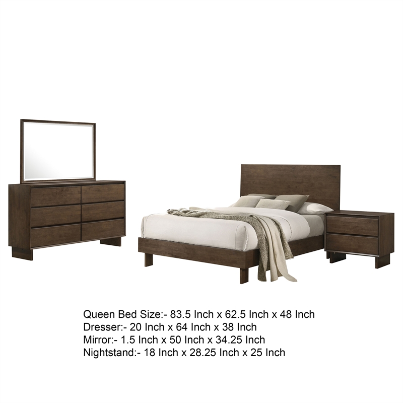 Genu 4pc Queen Size Bedroom Set- Modern Warm Brown Rubberwood