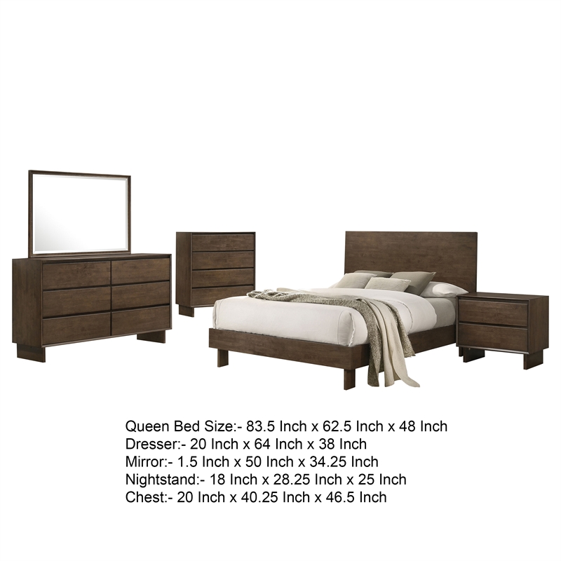 Genu 5pc Queen Size Bedroom Set- Modern Warm Brown Rubberwood