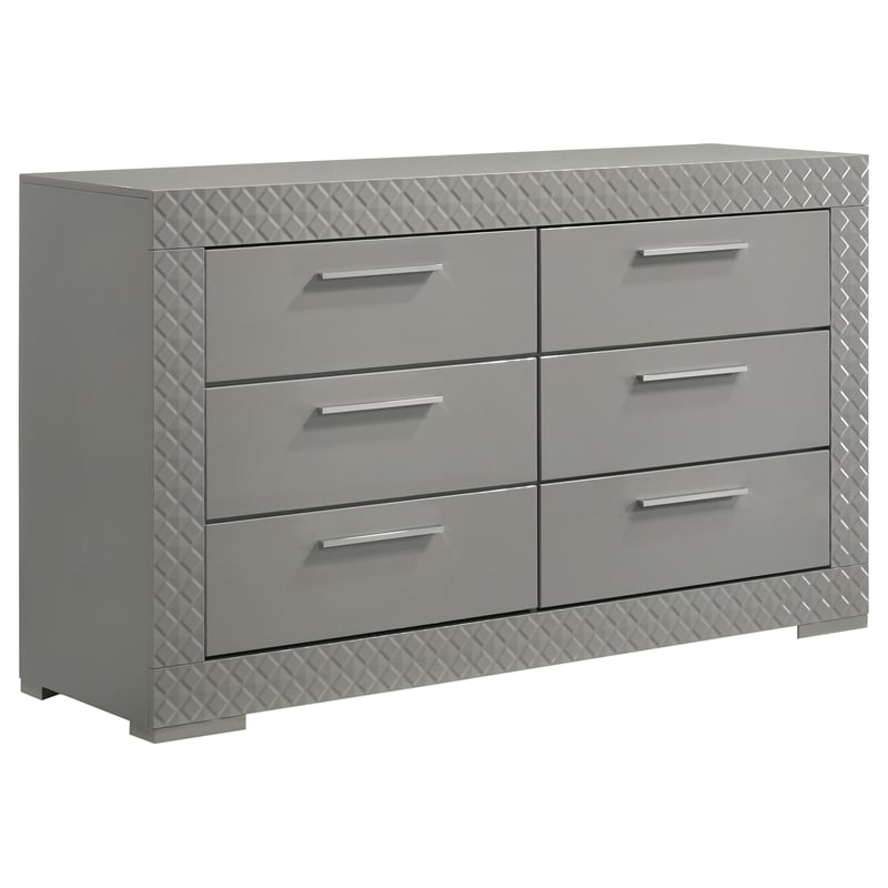 Ivon 4pc Queen Bedroom Set- Diamond Embossed- Gray High Gloss- LED