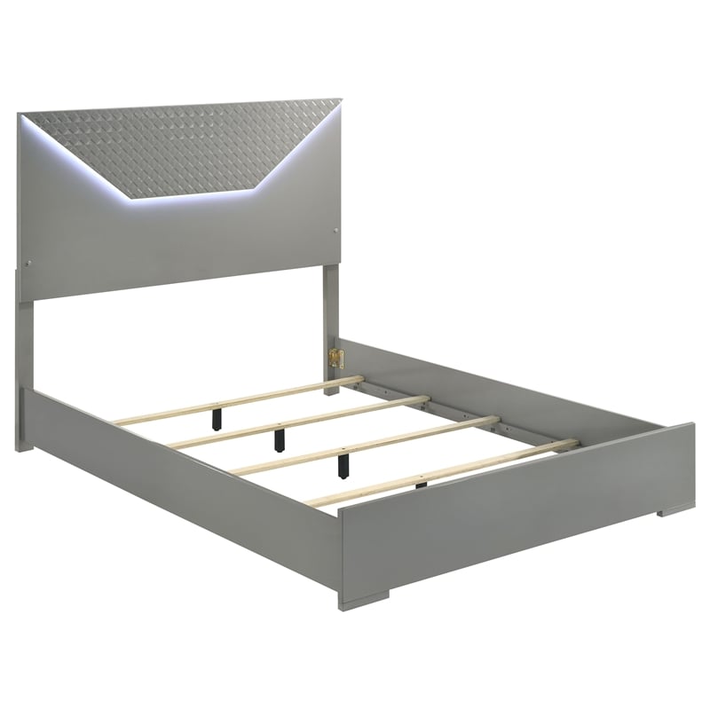 Ivon 5pc Queen Bedroom Set- Diamond Embossed- Gray High Gloss- LED