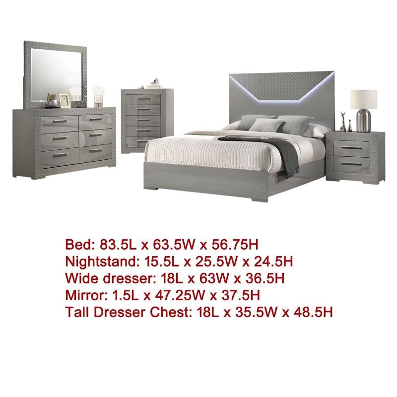 Ivon 5pc Queen Bedroom Set- Diamond Embossed- Gray High Gloss- LED