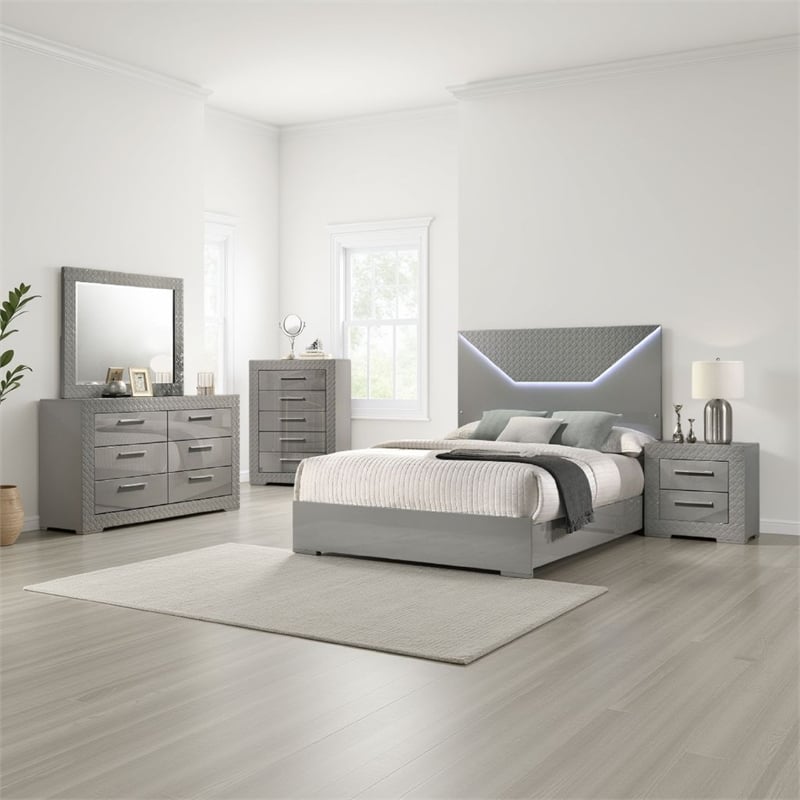 Ivon 5pc Queen Bedroom Set- Diamond Embossed- Gray High Gloss- LED