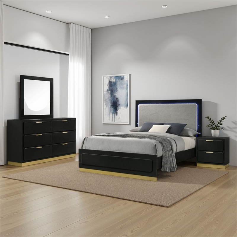 Caer 4pc Queen Bedroom Set in Black- Gold Accents- Gray Upholstery