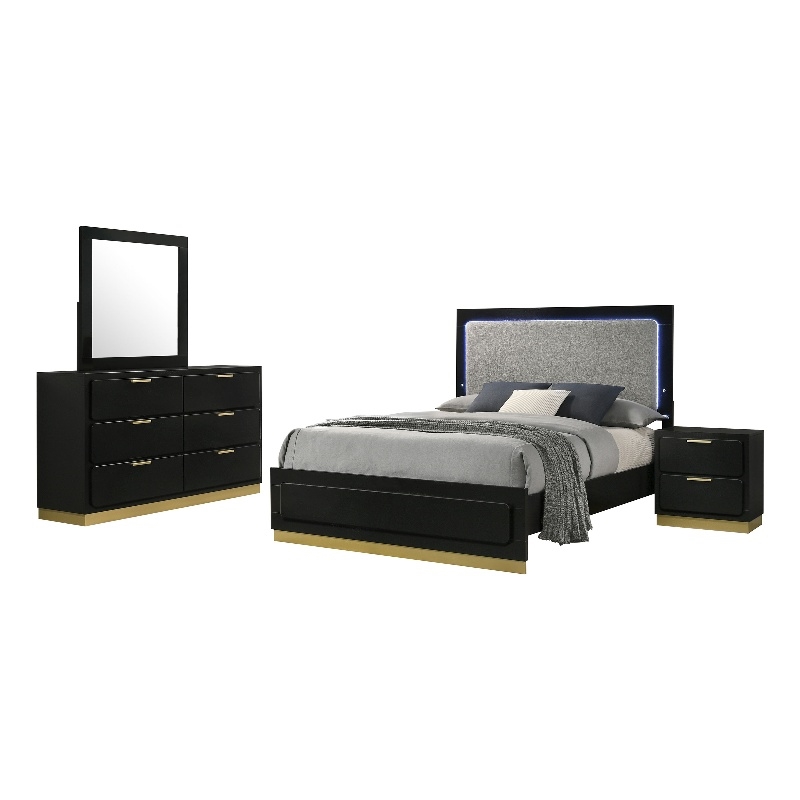 Caer 4pc Queen Bedroom Set in Black- Gold Accents- Gray Upholstery
