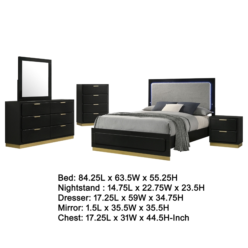 Caer 5pc Queen Bedroom Set in Black- Gold Accents- Gray Upholstery
