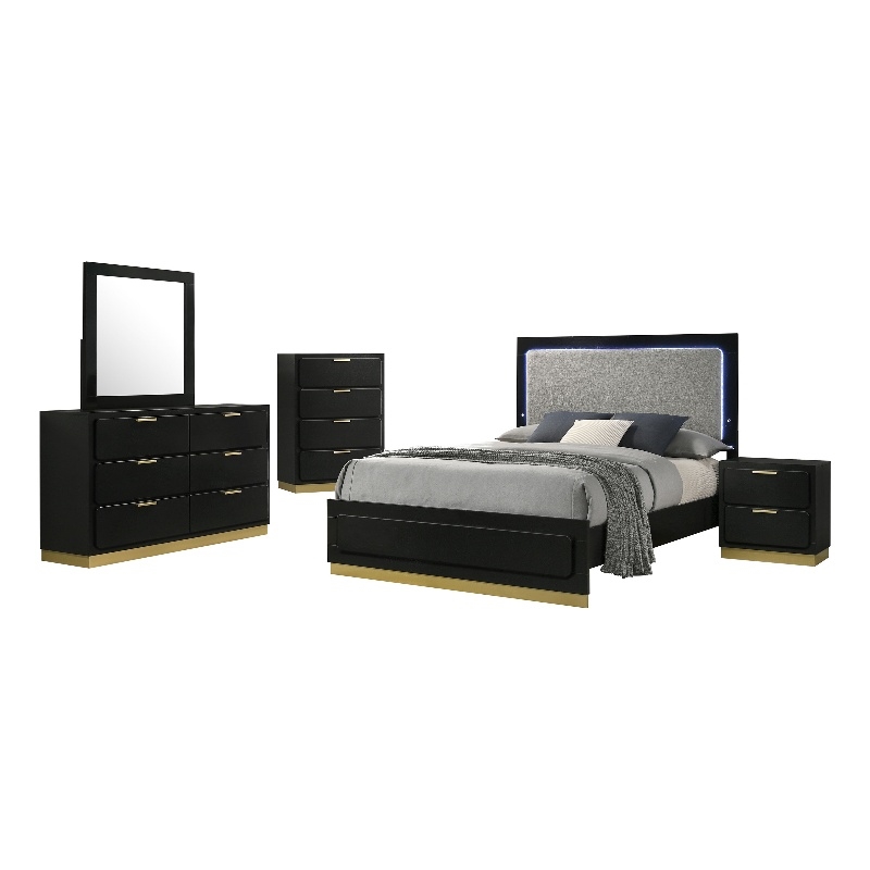 Caer 5pc Queen Bedroom Set in Black- Gold Accents- Gray Upholstery