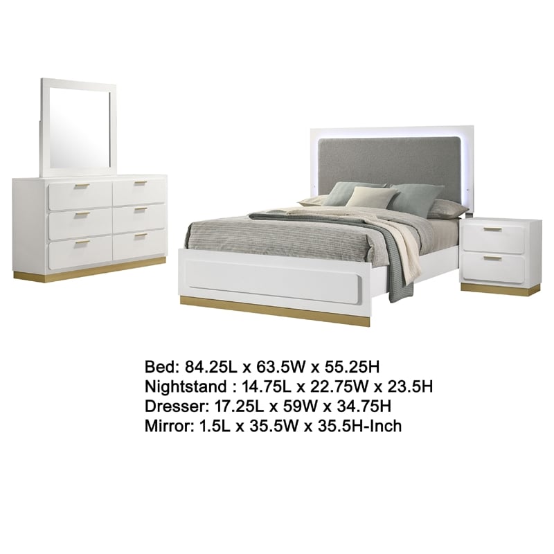 Caer 4pc Queen Bedroom Set in White- Gold Accents- Gray Upholstery
