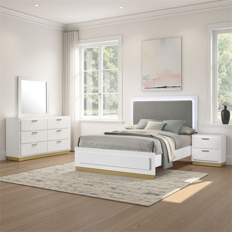 Caer 4pc Queen Bedroom Set in White- Gold Accents- Gray Upholstery